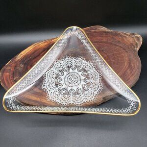 Crystal Clear Industries White Lace Triangle Plate 9” Gold Trim Vintage
